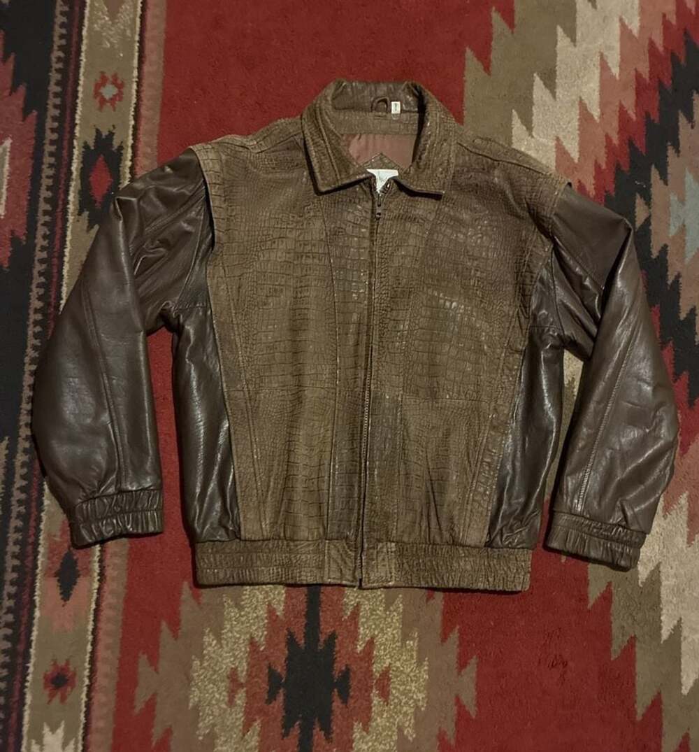 Alan Michaels Leather Bomber Jacket Size XL Brown Crocodile Embossed